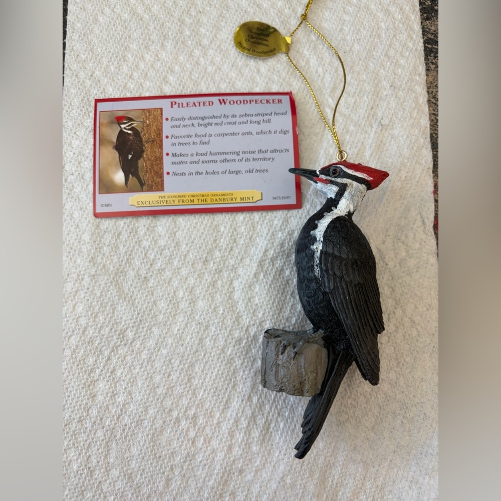 Danbury Mint Pileated Christmas Songbird Woodpecker Ornament - Black, White, Red
